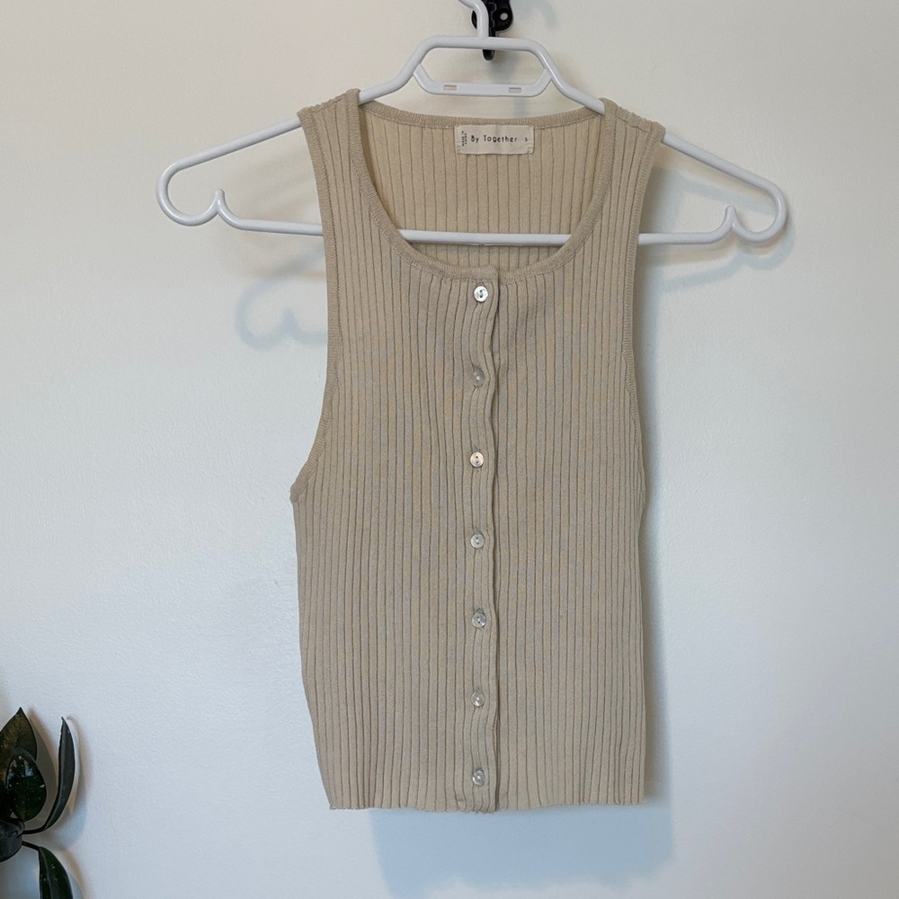 By Together Women's Beige Ribbed Button Tank Top